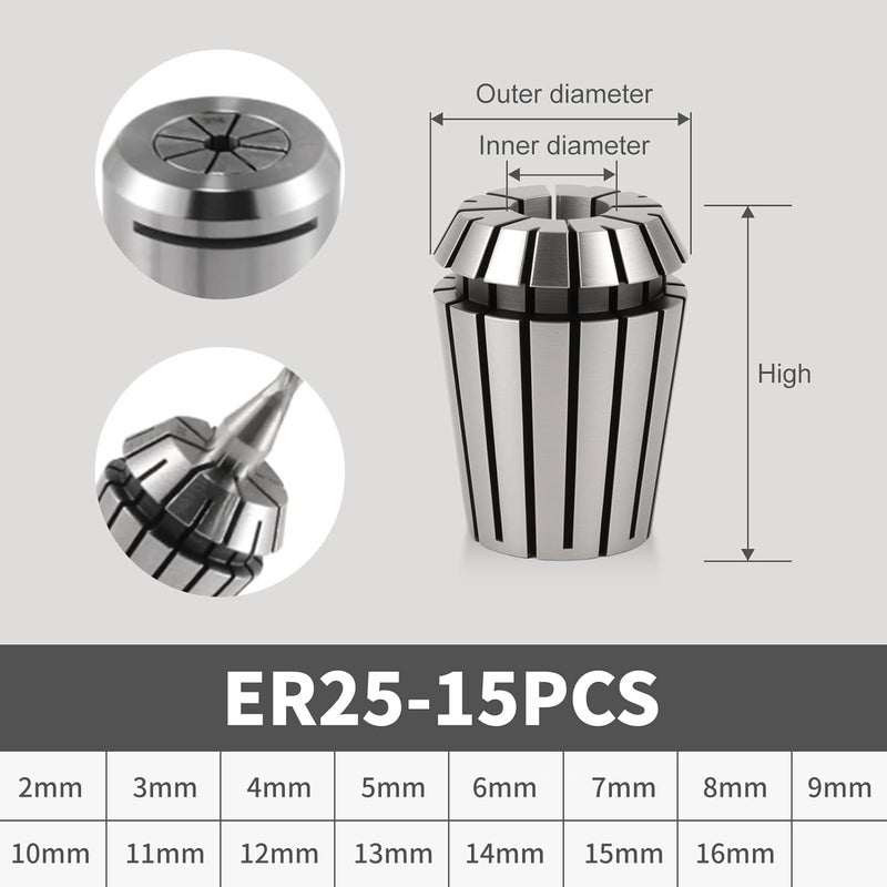 HOZLY 15PCS ER25 Spring Collet, ER25 Spring Collet Set, ER25 Collet Chuck for CNC Engraving Machine & Milling Lathe Tool Size includes:2mm to 16mm - Image 2